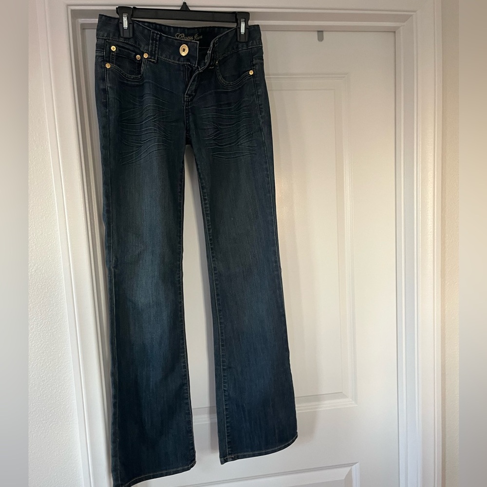 Vintage Guess Flare Jeans Womens Size 28 Embellished Crystal Pockets Gold Logo